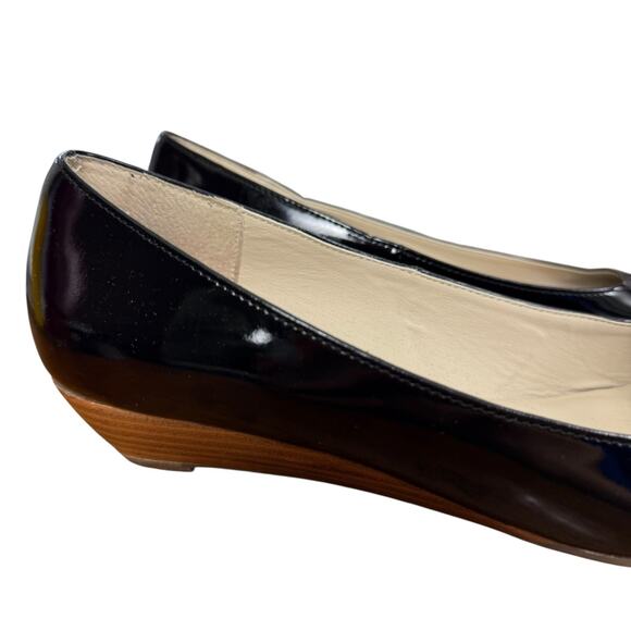 Steve Madden Open Toe Peep Patent Leather Black Stacked Wedge Shoes Pumps sz 8 - Picture 12 of 16